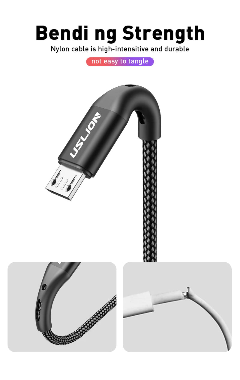 USLION 3M Micro USB Cable Fast Charging For Xiaomi Android Mobile Phone