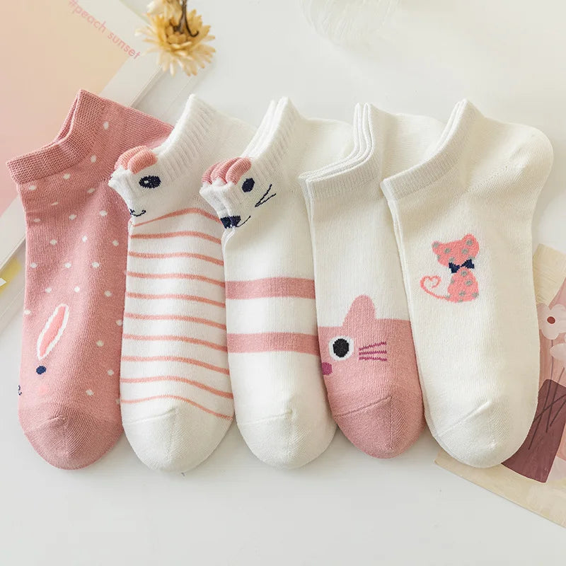 5 Pairs Women's Short Tube Socks Pink Cat Thin Four Seasons Cute Boat Sockslow Top Ins Trendy Socks