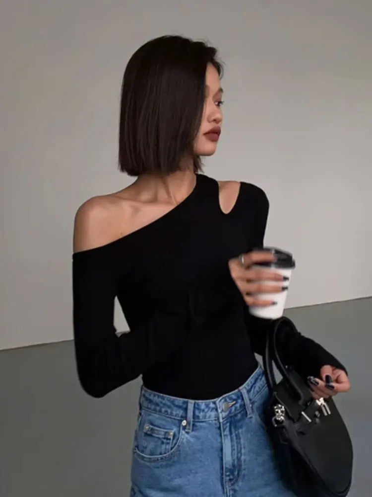 Fashion Skew Collar Off-shoulder Long-sleeved T-shirts Women Spring New Solid Slim Fit Crop Top Sexy Hollow Out Tees Shirts