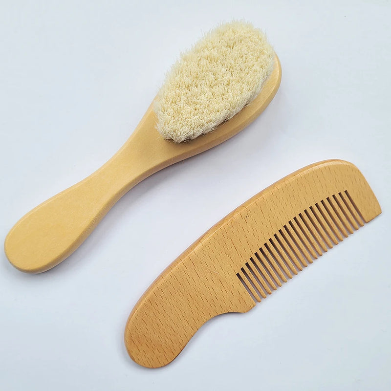 2pcs Baby Comb Set Baby Care Hair Brush Beech Soft Wool Wood Comb Newborn Massager Baby Shower And Gift Baby Hair Soothing