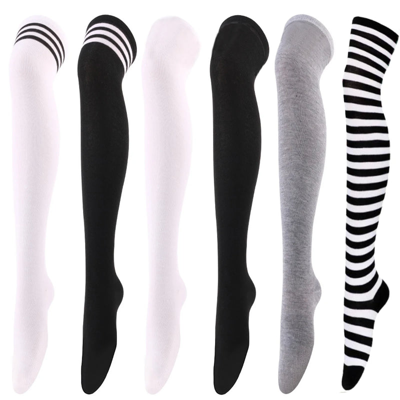 1/6 Pairs Women's Striped Stocking Japanese Over Knee Socks Fashion Women Keep Warm Slim Long Socks Black White Striped Hosiery