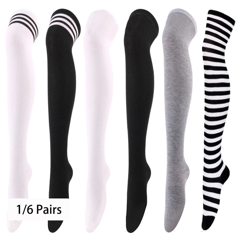 1/6 Pairs Women's Striped Stocking Japanese Over Knee Socks Fashion Women Keep Warm Slim Long Socks Black White Striped Hosiery