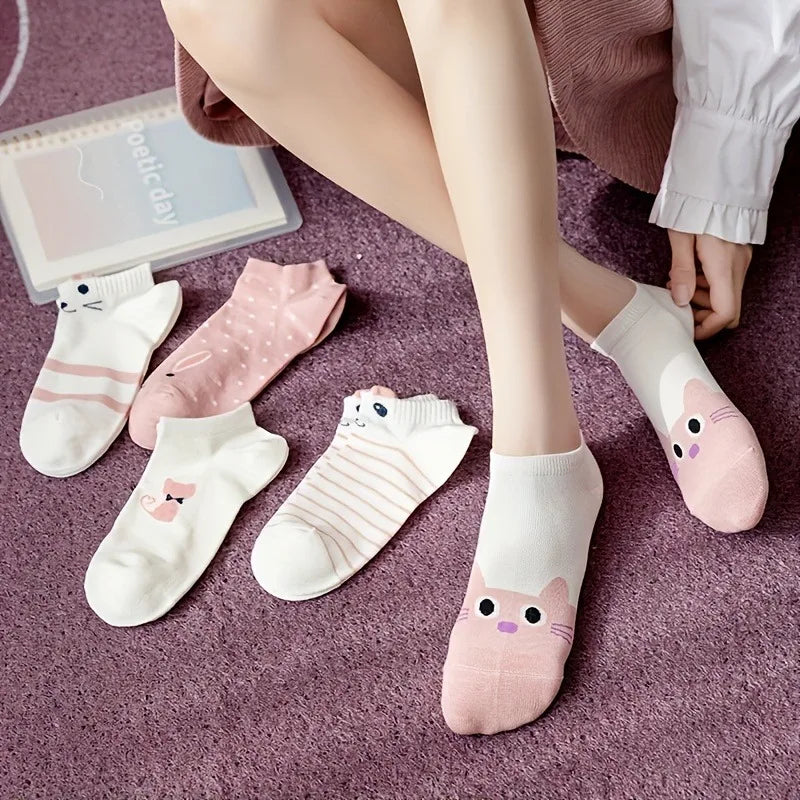 5 Pairs Women's Short Tube Socks Pink Cat Thin Four Seasons Cute Boat Sockslow Top Ins Trendy Socks